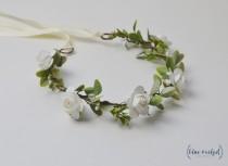 wedding photo - White Flower Crown, Simple Flower Crown, Silk Flower Crown, Cream Flower Crown, White and Green Flower Crown, Greenery, White Roses Crown