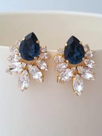 wedding photo - Bridal earrings,Navy blue earrings,Navy blue crystal Statement stud earrings Extra large cluster earrings,Swarovski earrings, Silver or gold
