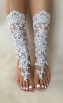 wedding photo -  White Long lace barefoot sandals, FREE SHIP, Hand embroidered, beach wedding barefoot sandals, lace shoes, bridesmaid gift, beach