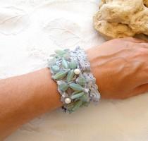 wedding photo - Wedding  Cuff,  Romantic Wide  Bracelet,  Vintage Style Mint Cuff maid from antique Lace, Embroidered Mint  Beads & Pearls, Shabby chic Cuff