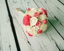 wedding photo -  Small ivory and coral rustic wedding BOUQUET sola Flowers, Burlap Handle, Flower-girl, Bridesmaids, roses vintage wedding custom small toss