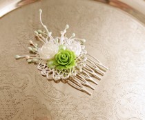 wedding photo -  Handmade wedding hair comb clip resin flowers roses vintage green creme white wedding prom accessory hair piece bride