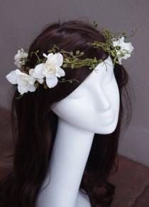 wedding photo - Twine, Flowers and Greens Wedding Bridal Hair Wreath - Rustic or Shabby Chic Bride Hair Flowers