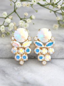 wedding photo -  Aurora Borealis Earrings, Bridal Earrings, Bridal Cluster Earrings, AB Crystal Earrings,Bridesmaids Earrings, Gift For,Ice Crystal Earrings