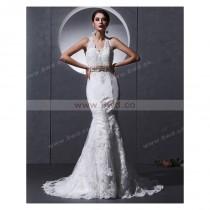 wedding photo - Trumpet/Mermaid Halter Sleeveless Tulle White Wedding Dress With Appliques BUKCH114 In Canada Wedding Dress Prices - dressosity.com