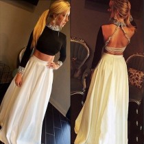 wedding photo -  Fashion High Neck Long Sleeves Two Pieces Prom Dress Party Gown from Dressywomen