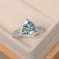wedding photo - Aquamarine ring, triangle cut engagement ring, March birthstone, natural aquamarine