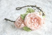wedding photo - Woodland Peach Flower Crown, Natural, Romantic Head Piece, Bridal Crown, Boho, Mori Girl