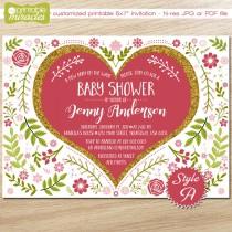 wedding photo - Floral baby shower invitation, Printable pink gold shower invite, Heart shaped romantic flower garden summer baby shower invitation for girl