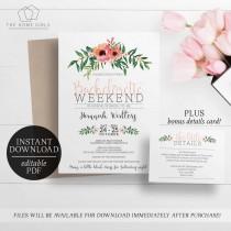 wedding photo - Printable Bachelorette Weekend Invitation / Editable Template /  Bachelorette Party Invitation / Floral / Watercolour Flowers / Pink