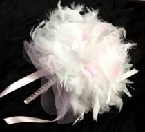wedding photo - CUSTOM COLORS Feather Wedding Bouquet - Bridesmaid Pomander Ivory White Light Pink Feathers Crystal Accents - Bridesmaid Pomanders Bouquets