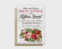 wedding photo -  Rustic Chic Bridal Shower Invitation Card, Wood Background with Stylish Flowers, Red, 5x7" - Digital File, DIY Print