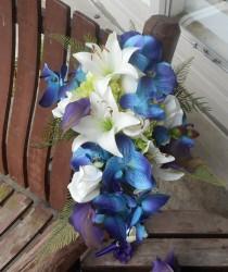 wedding photo - Destination or Beach Wedding / Real Touch Cascading Bridal Bouquet / Purple Teal and Royal Blue Bouquet / Tropical Flowers / Silk Flowers