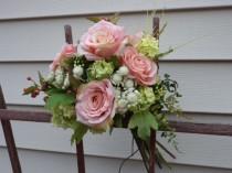 wedding photo - Cottage Chic / English Garden Pink Rose Silk Bridal Bouquet and Grooms Boutonniere / Silk Wedding Flowers / Country Wedding / Rustic Wedding