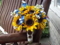 wedding photo - Sunflower Bridal Bouquet with Texas Bluebonnets / Country Wedding / Rustic Wedding Bouquet / Silk Bridal Bouquet / Sunflower Wedding Flowers