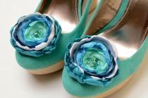 wedding photo - Bridesmaid Bridal Shoe Clips in Blue Teal Seafoam Aqua White - Something Blue Shoe Clips