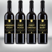 wedding photo -  Custom "First" Marriage Milestones, Wine Bottle Label Set - Newlyweds Gift - Engagements, Bridal Showers - Black & Gold - Printable PDF