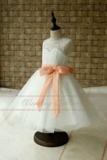 wedding photo - Ivory Lace Tulle Flower Girl Dress With Peach Sash and Bow Baby Dress