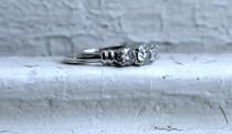 wedding photo - Traditional Vintage Three Stone Diamond Engagement Ring in Platinum - 0.80ct.