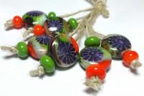 wedding photo - Lampwork  Glass bead handmade  Beads red orange green bright green purple flowers.