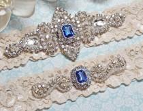wedding photo - Wedding Garter, Heirloom Blue Sapphire Crystal Wedding Garter Set on Ivory Stretch Lace , Bridal Garter Set w/  Navy Royal Blue Rhinestone