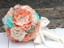 wedding photo - Romantic rustic peach, mint, ivory and burlap bridal wedding bouquet. Shabby chic fabric flowers. Ombre style