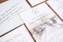 wedding photo - Modern Calligraphy Watercolor Monogram Invitation Suite, Grey, Ivory and Mint Green, Wedding- Customizable - Sample
