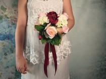 wedding photo -  READY to SHIP Silk flowers peony roses hydrangea vintage wedding bouquet blush pink burgundy Flowers satin ribbon, toss
