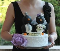 wedding photo - Penguin wedding cake topper - love birds with banner, BIG 5" tall, black and white wedding