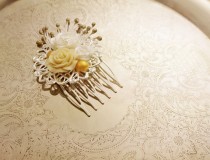 wedding photo -  Handmade wedding hair comb clip resin flowers roses vintage gold creme white wedding prom accessory hair piece bride