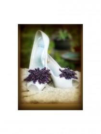 wedding photo - Aubergine Purple Shoe Clips. Bella Twilight Movie, Handmade Wedding Bride Bridals. Heel Luxe Couture Beading, Statement Gossip Girl Sex City
