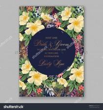 wedding photo -  Romantic Anemone Wedding Invitation Floral Bridal Wreath with yellow flowers , fir, pine branches, wild Privet Berry, vector floral illustration in vintage watercol