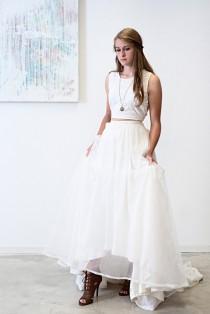 wedding photo - Em Wedding Dress  // Boho Tea Dyed Sleeveless /Tie Back/ Lace /Crop Top With High Waisted/ Sequin and Organza Skirt/ High Low Illusion  Hem