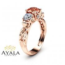 wedding photo - Peach Pink Morganite Engagement Ring Unique Three Stone Engagement Ring in 14K Rose Gold Filigree Ring with Morganite and Moissanite