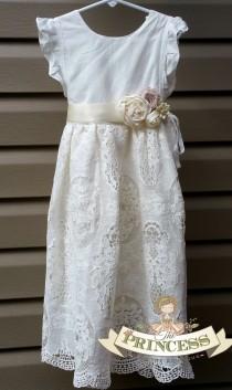 wedding photo - vintage white flower girl dress, baby dress, vintage flower girl dress, lace dress, cream flower girl dress, champagne flower girl dress