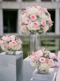 wedding photo - Pink Rose White Hydrangea Arrangements