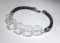 wedding photo - Beaded Jewelry Handmade Lampwork Necklace. Hollow balls. Beads black, white, transparent. Cotton cord.