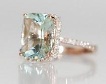 wedding photo - 2.67ct Seafoam Blue Green Aquamarine Halo Diamond Ring Emerald Cut 14k Rose Gold Engagement Ring