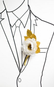 wedding photo -  Wedding Boutonniere/Paper Flower Boutonniere/Gold and White Boutonniere/Groom's Boutonniere/ Wedding Boutonniere