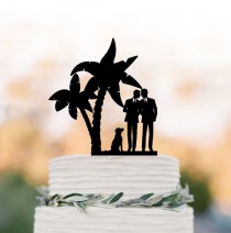 wedding photo -  Gay Wedding Cake topper with dog. Gay silhouette wedding cake topper same sex mr and mr, funny wedding cake topper tree, unique cake topper