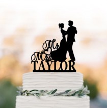 wedding photo -  Acrylic Wedding Cake topper mr and mrs, bride and groom silhouette, personalized cake topper name, funny initial cake topper figurine