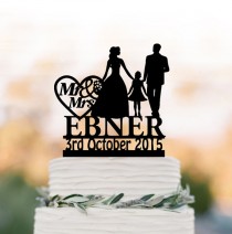 wedding photo - Family Wedding Cake topper with girl, bride and groom silhouette personalized wedding cake toppers initial, funny cake toppers with date