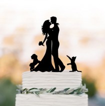 wedding photo -  bride and groom Wedding Cake topper with dog, silhouette wedding cake topper. unique wedding cake topper with maltese dog and cat