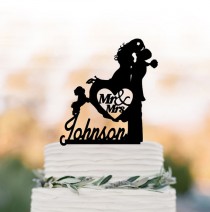 wedding photo -  Mr And Mrs Wedding Cake topper with dog, bride and groom with personalized initial cake topper. unique wedding cake topper silhouette