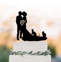 wedding photo -  Bride and groom Wedding Cake topperwith two cats, bride and groom wedding cake topper silhouette, cat cake topper acrylic