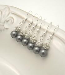 wedding photo - 5 Pairs Gray Bridesmaid Earrings, 5 Pairs Dark Grey Pearl Earrings, Charcoal Grey Pearl Earrings, Pearl and Crystal Bridesmaid Earrings 0130
