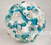 wedding photo - Brooch bouquet. Teal and White wedding brooch bouquet, Jeweled Bouquet. Made upon request
