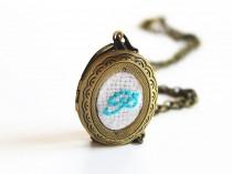 wedding photo - Aqua Blue Necklace Initial Monogram Locket, Cotton Anniversary Gift, Something Blue Bride, Personalized Mother Wedding Embroidery Jewelry