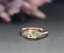 wedding photo - 5.5mm Charles & Colvard Princess Moissanite Ring, CC Forever Classic Stone Ring,  Engagement Ring, Solid 14K Rose Gold Ring,Diamonds Paved