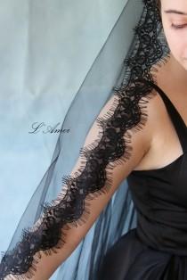 wedding photo - Fingertip Length Black Soft Lace Cathedral Mantilla Bridal Wedding Veil